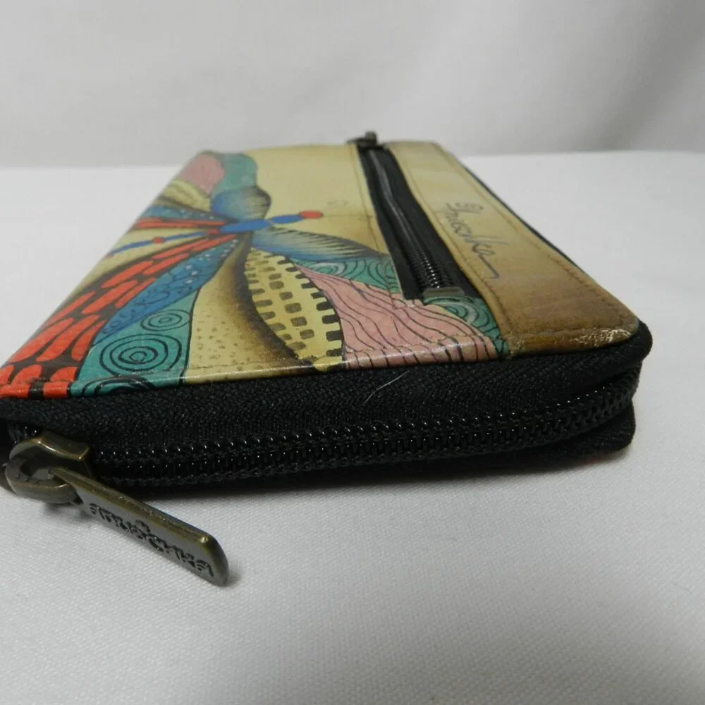 Anuschka Leather Butterfly clutch Zip around Hand painted wallet 8.5